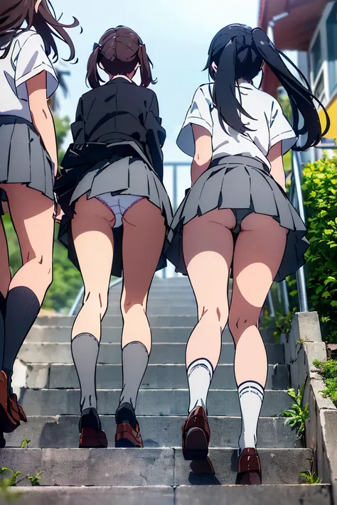 ((highest quality, 8K, RAW photo)), sharp focus 1.5,((Three high school girls lined up))twin tails,ponytail,shortcut,Rear view((Walking down the stairs at the station))((panties 3 people)),(((low angle gray mini skirt)))(((loose socks,loafers)))((from belo...