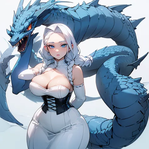 (((I want a woman alone, fair skin, white hair with braids, cold blue eyes, slightly curvy body, medium breasts, wearing a white dress with corset, next to a dragon)))