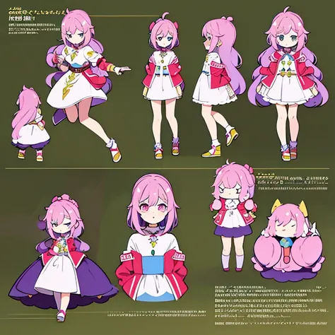 Personagem feminino,cabelo longo,cheio e ondulado de cor castanho escuro, seus olhos castanhos escuro, cor da pele parda, in anime version, de cores das veste branca, with pink and lilac details, em desenho flores, uma personagem feminina estilo anime e um...