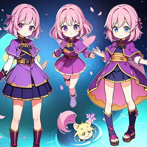 Personagem feminino,cabelo longo,cheio e ondulado de cor castanho escuro, seus olhos castanhos escuro, cor da pele parda, in anime version, de cores das veste branca, with pink and lilac details, em desenho flores, uma personagem feminina estilo anime e um...