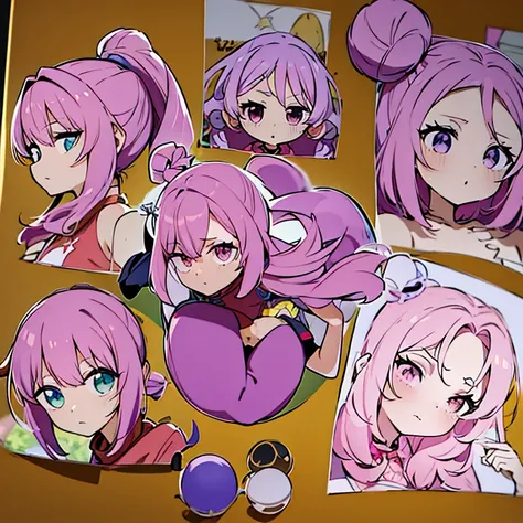 Personagem feminino,cabelo longo,cheio e ondulado de cor castanho escuro, seus olhos castanhos escuro, cor da pele parda, in anime version, de cores das veste branca, with pink and lilac details, em desenho flores, uma personagem feminina estilo anime e um...