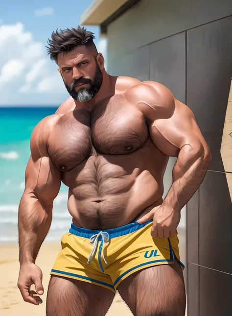 A portrait full body photograph A tractive mid age balg Strong, muscular, hairy big belly, hairy chest and abdominal wearing a teard shorts showing his huge legs muscles, hairy pubis, at the beach, wet, very detailed, shot on a Nikon Z7 II and Nikon NIKKOR...