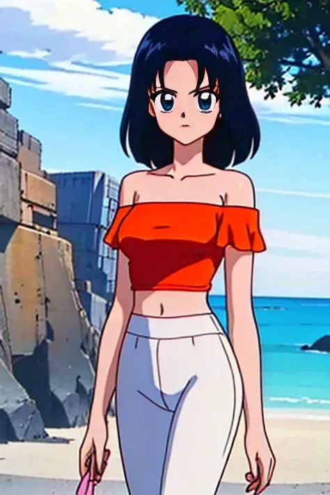 beautiful, masterpiece, best quality, 1 girl, solo, black  hair, short hair, bob hair, bare neck, bare shoulders, blue eyes, medium breast, orange ruffle off the shoulder top, orange strapless shirt, belly button, thin waist, blue leggings, upper body, wal...