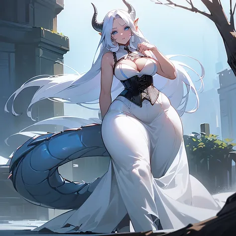 (((I want a woman alone, fair skin, long white hair with a hairstyle, cold blue eyes, slightly curvy body, medium breasts, wearing a white dress with corset, next to a dragon)))