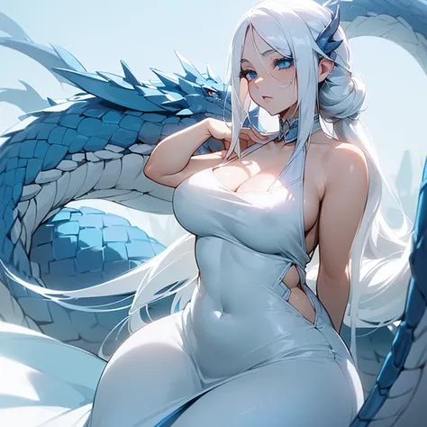 (((I want a woman alone, fair skin, long white hair with a hairstyle, cold blue eyes, slightly curvy body, medium breasts, wearing a pretty dress while stroking a dragon)))