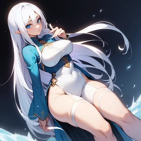 (((I want a dragon woman alone, fair skin, long white hair with hairstyle, cold blue eyes, slightly curvy body, medium breasts, wearing pretty dress)))