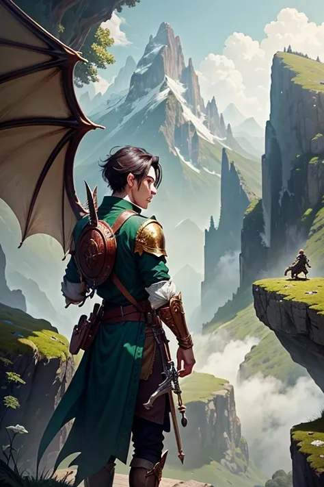 A young man and his dragon with green wings in the mountains observing the terrain. The young man is holding a sword and the green dragon is behind him, detalles intrincados, Fantasy Art, Asombroso, arte premiado.