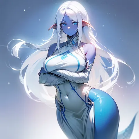 (((I want a dragon woman alone, fair skin, long white hair with hairstyle, cold blue eyes, slightly curvy body, medium breasts, wearing pretty dress)))