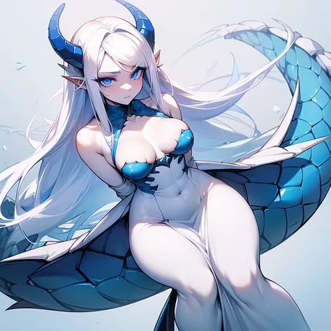 (((I want a dragon woman alone, fair skin, long white hair with hairstyle, cold blue eyes, slightly curvy body, medium breasts, wearing pretty dress)))