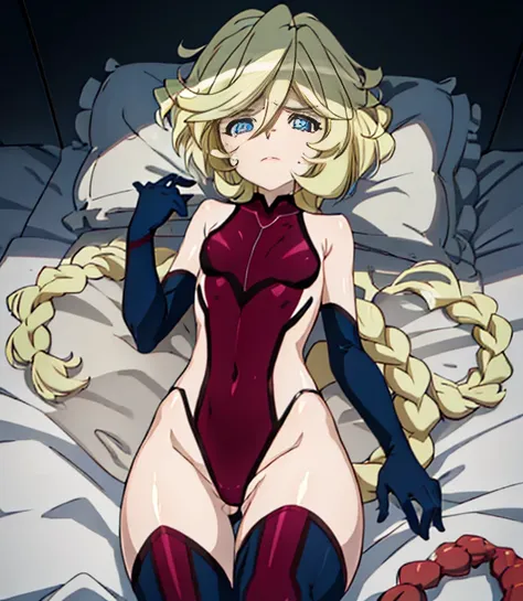 highest quality,sleep on your back in bed，Crab crotch，show me your boots，thigh high boots，leotardチラ見せ，glove，elegant, 1 girl, leotard，body suit，cute, blushed, looking at the viewer, from below, prison，blue eyes, beautiful eyes, beautiful background, particl...