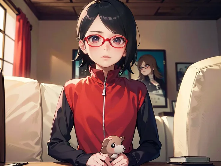 Sarada Uchiha, ((Sarada Uchiha, cabelo curto, cabelo preto, Orelhas de coelho, olhos vermelhos, roupas de coelho, seios pequenos, dentro de um quarto, coxas torneadas, wearing glasses))