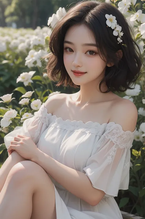 Best quality, masterpiece, ultra high res, (photorealistic:1.4), raw photo, 1girl, white dress, off shoulder, blossom flower field, glowing skin, light smile,Round face,fair-skin,short,chubby,black bob hair