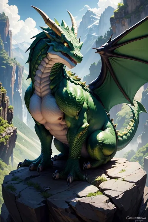 Ultra detallado、high resolution、masterpiece、Sharp focus、3/5 disparos、lighting like a movie、Unique lighting effects、Portrait of an ancient giant green dragon with big wings, lying on top of a rocky mountain、escupir fuego. Extiende las dos alas que crecen en...