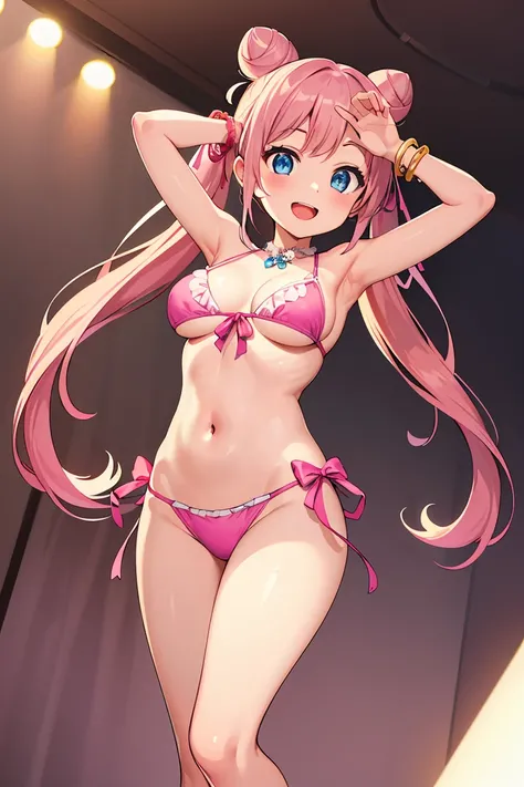 masterpiece, highest quality, high resolution, RO1, one girl, hair bun, blue eyes, twin tails, big breasts, pink bikini, pink ribbon, bangle, Are standing, smile, open your mouth, (shine:1.1), sexy pose, bewitching pose, (model pose: 1.6)