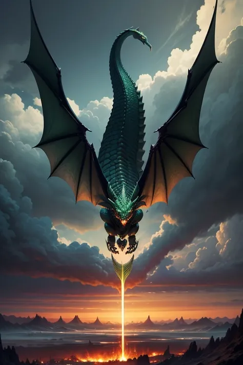 Majestic green dragon in flight, con alas extendidas y cuerpo serpentino cubierto de escamas brillantes. Sus ojos agudos miran hacia adelante, mientras volutas de humo escapan de sus fosas nasales en un Paisaje del Infierno, El fondo del infierno, La batal...