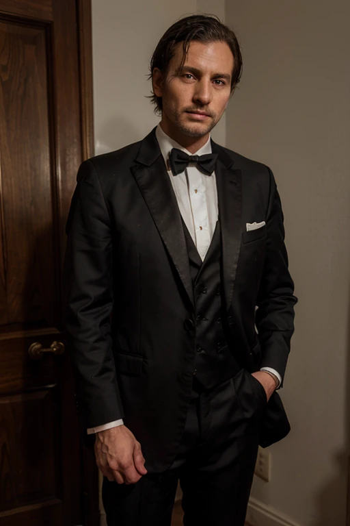 A Freemason in a tuxedo and masonic apron, 35 years old, stands facing right. He looks determined.