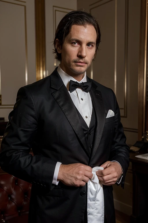 A Freemason in a tuxedo and masonic apron, 35 years old, stands facing right. He looks determined.