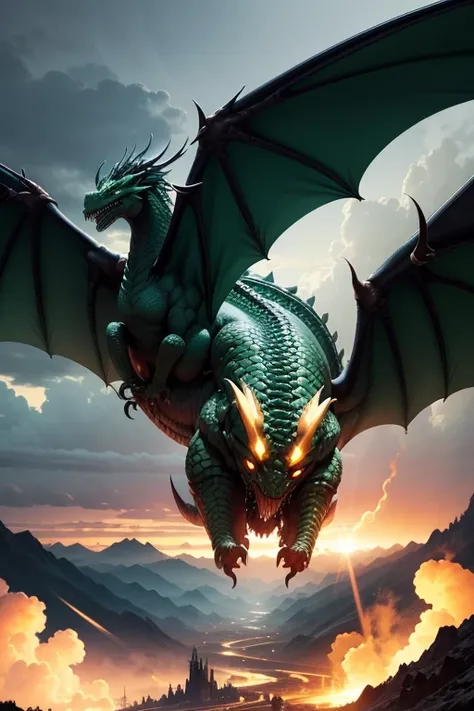 Majestic green dragon in flight, con alas extendidas y cuerpo serpentino cubierto de escamas brillantes. Sus ojos agudos miran hacia adelante, mientras volutas de humo escapan de sus fosas nasales en un Paisaje del Infierno, El fondo del infierno, La batal...