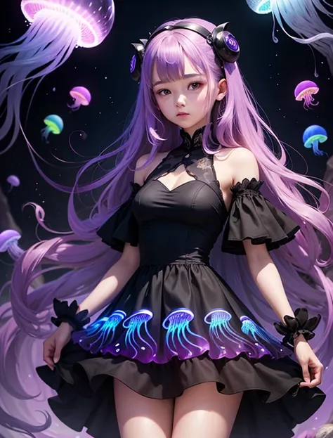 A girl wearing a jellyfish motif dress. big jellyfish on the head、black jellyfish and purple glow. Black tentacles lined up with purple luminescent bodies. deep sea.