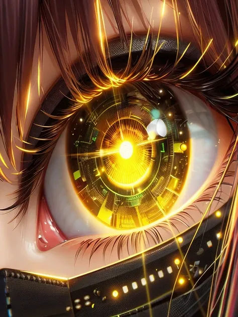 garota de anime com olhos brilhantes e rosto futurista, eye cyberpunk bionics, olhos amarelos do ciborgue, glowing mechanical eye, cyber-eye, glowing mechanical eye camera, Cyber Brilhante - Olhos, Neon cyborg yellow eyes, cyberpunk digital - arte de anime...