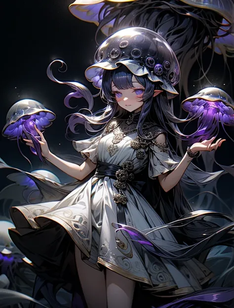 A girl wearing a jellyfish motif dress. big jellyfish on the head、black jellyfish and purple glow. Black tentacles lined up with purple luminescent bodies. deep sea. A lot of jellyfish 