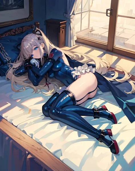 highest quality,sleep on your back in bed，Crab crotch，show me your boots，thigh high boots，leotardチラ見せ，glove，elegant, 1 girl, leotard，body suit，cute, blushed, looking at the viewer, from below, prison，blue eyes, beautiful eyes, beautiful background, particl...