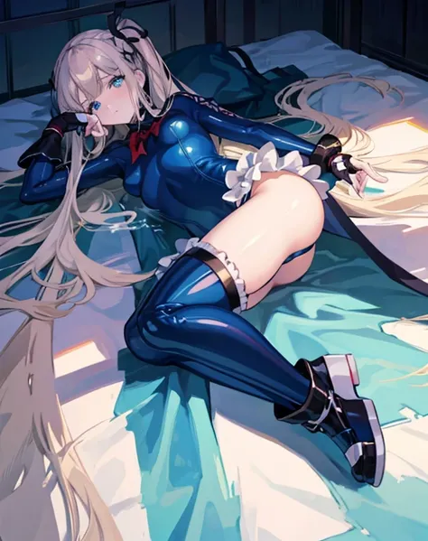 highest quality,sleep on your back in bed，Crab crotch，show me your boots，thigh high boots，leotardチラ見せ，glove，elegant, 1 girl, leotard，body suit，cute, blushed, looking at the viewer, from below, prison，blue eyes, beautiful eyes, beautiful background, particl...