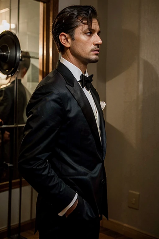 A Freemason in a tuxedo and masonic apron, 35 years old, well groomed, stands facing right in profile. He looks determined.