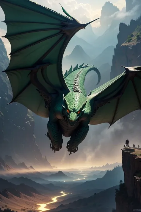 Majestic green dragon in flight, con alas extendidas y cuerpo serpentino cubierto de escamas brillantes. Sus ojos agudos miran hacia adelante, mientras volutas de humo escapan de sus fosas nasales en un Paisaje del Infierno, El fondo del infierno, La batal...