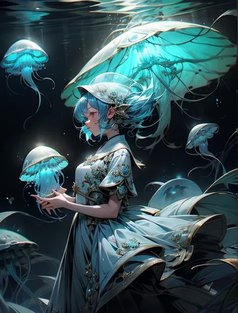 A girl wearing a jellyfish motif dress. big jellyfish on the head、blue jellyfish and blue glow. Blue tentacles lined up with blue luminous bodies. deep sea. A lot of jellyfish 