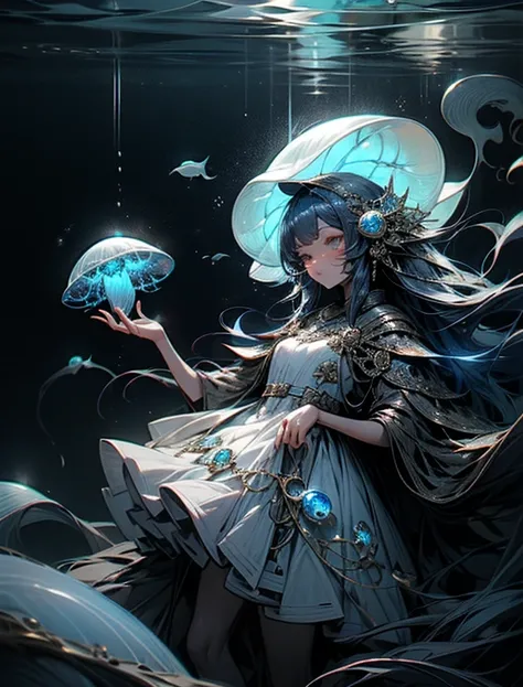 A girl wearing a jellyfish motif dress. big jellyfish on the head、blue jellyfish and blue glow. Blue tentacles lined up with blue luminous bodies. deep sea. A lot of jellyfish 