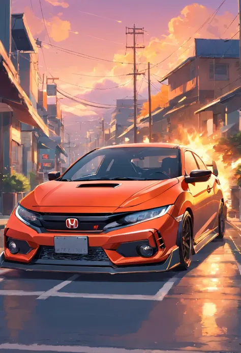 Parar cerca　Ala de gaviota levantada　Coche honda civic si 2005 totalmente personalizado con parachoques y spoiler, Pintura para deportes de fuego, fondo neutro