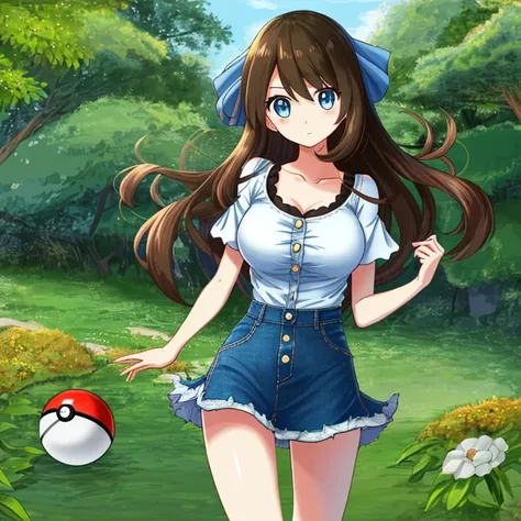 very cute and beautiful girl、Pokemonのキャラクター、big breasts、thin waist、perfect style、long term、Bare top made of denim fabric with cute buttons、sexy short floral tight skirt、Brown long hair、blue eyes、Pokemon、poke ball