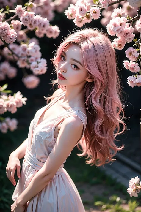 Light pink hair, pink eyes, pink and white, sakura leafs, vivid colors, white dress, ultra realistic, simple background, ray tracing, wavy hair. RULE: Generate me the same model from above in 10 different poses with different backgrounds