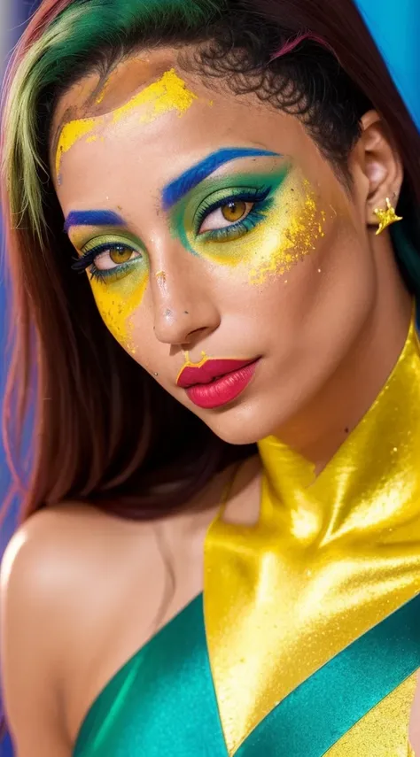 linda mulher, sardas, maquiagem brilhante glitter, just a head, see (vermelho e azul e amarelo e verde e vitiligo pele: 1.5), seios perfeitos , fotografia hiperdetalhada, Luz suave, cobrir,, melhor qualidade, (rosto lindo detalhado, detalhe da textura da p...