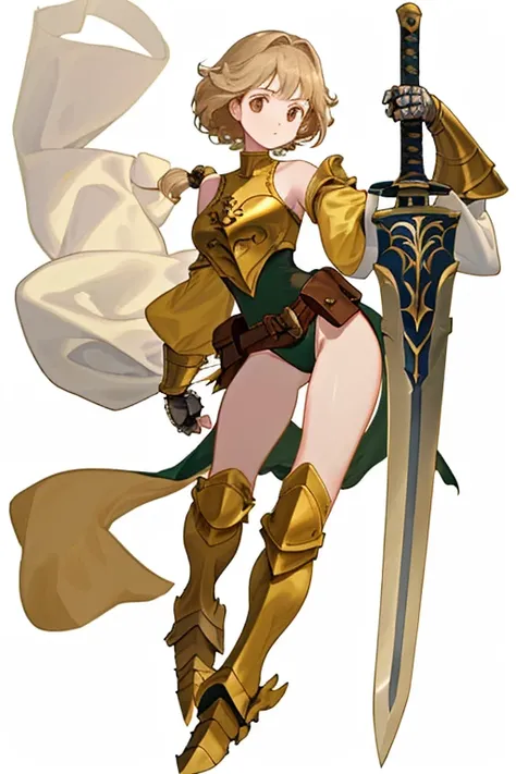 (((8k,Best Quality)),((white background)), Masterpiece, girl, holding sword, gauntlet,  full body, (cropped shoulders), ((highleg leotard)), solo, ((gauntlets)), ((greaves)), loincloth, bare shoulders,  belt pouch, long puffy sleeves, 