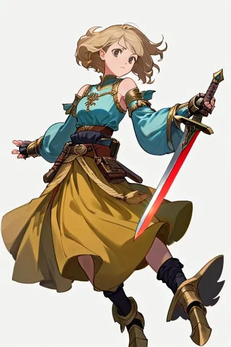 (((8k,Best Quality)), ((white background)), Masterpiece, girl, holding sword, gauntlet,  full body, (cropped shoulders),  solo, ((gauntlets)),  loincloth, bare shoulders,  belt pouch, long puffy sleeves, 