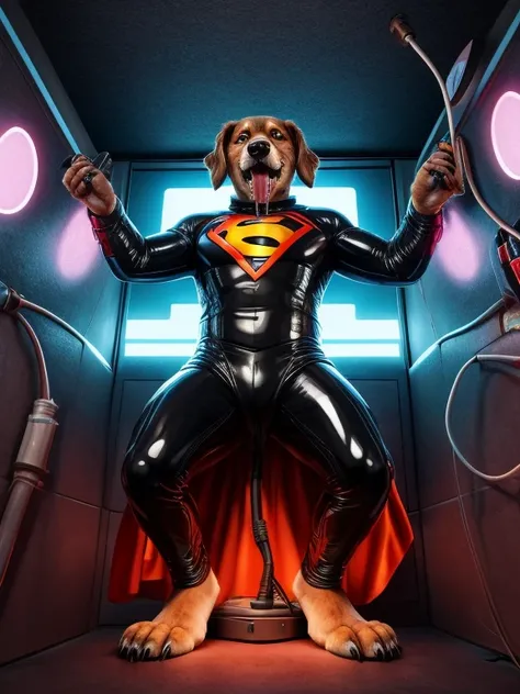 male anthro dog, super hero latex uniform, barefoot, nice big feet paws with pawpads and claws, hypnotic room, brainwash machine, drooling, eyes glowing