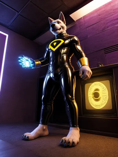 male anthro dog, super hero latex uniform, barefoot, nice big feet paws with pawpads and claws, hypnotic room, brainwash machine, drooling, eyes glowing