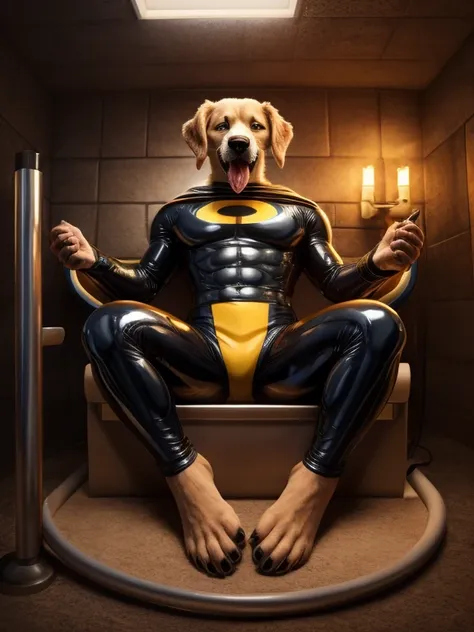 male anthro dog, super hero latex uniform, barefoot, nice big feet paws with pawpads and claws, hypnotic room, brainwash machine...