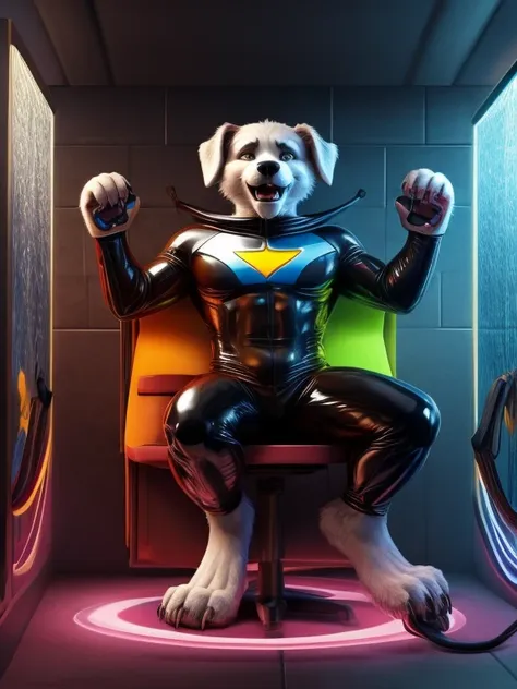 male anthro dog, super hero latex uniform, barefoot, nice big feet paws with pawpads and claws, hypnotic room, brainwash machine...