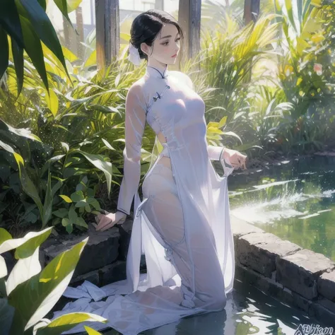 Wet white Ao Dai,   ((Ao dai lift yourself:1.4)),((Exposure of wet underwear:1.5))、 short hair, black hair, well-proportioned long limbs,nature background, Spotlight, high contrast, masterpiece, highest quality, highest quality, movie lighting, exposure of...