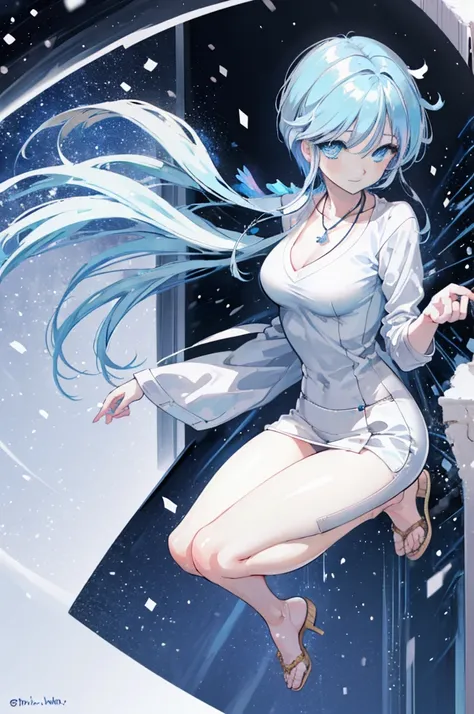  Yukime,Yukime　Nu～B～, 1 girl, alone, light blue hair,short hair,light blue eyes,black long coat,White V-neck sweater,necklace,skinny pants,stiletto heels,blush,smile,city,winter,that&#39;that&#39;It&#39;s snowing,(masterpiece:1.2), highest quality, High re...