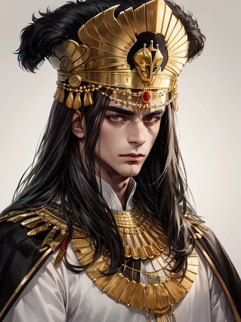 1 homem((melhor qualidade)), ((obra de arte)), (detalhado), rosto perfeitodesign de personagem, flowing dark hair,olhos cor de mel,pele escura,black and gold luxurious Egyptian clothes with a fur cloak,jewelry and rings,luvas de couro,cabelo comprido,cabel...