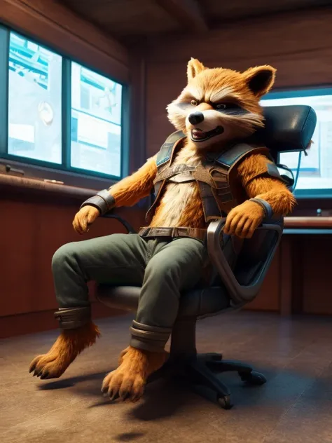 barefoot angry and fighting rocket racoon, dressed in blue hospital pants, sits strapped into a mind control device in the form ...