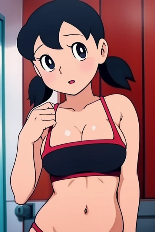 1girl, solo, slim, upper body, black hair, twintails, large breasts, short twintails, red bikini, bathroom,