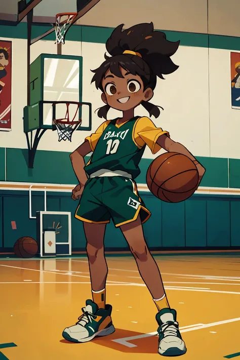 masterpiece, 4k, detailed, extreme detailed, thin, 10 years old, male, black hair, Brazilian hairstyle, brown eyes, dark skin, smiling, green jersey, basketball shorts, hi-top sneakers, full body, standing on a basketball court