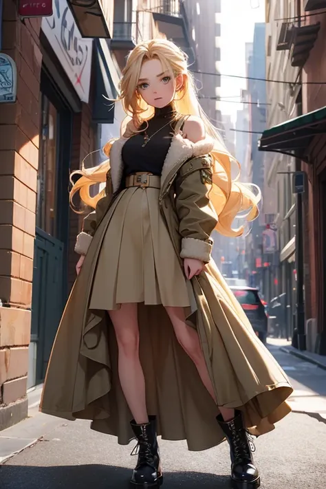 20th generation women,baby-faced woman,long blonde hair,one tied hairstyle,hair stretched out on the back,ear piercing,military short jacket,chiffon long skirt,long skirt,shearling boots