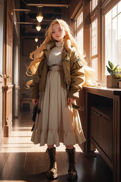 20th generation women,baby-faced woman,long blonde hair,one tied hairstyle,hair stretched out on the back,ear piercing,military short jacket,chiffon long skirt,long skirt,shearling boots