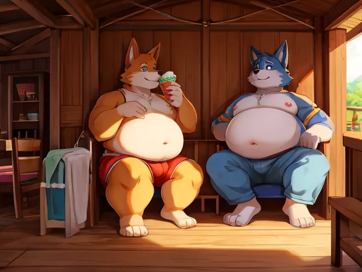 {Side view} a couple of furry girl and boy in a treehouse try to endure a blazing heatwave by eating plenty of ice cream (most of which has unfortunately already melted) and drinking lemonade [girl 1, canine, anthro, strong arms, big , fat , fat belly, rou...